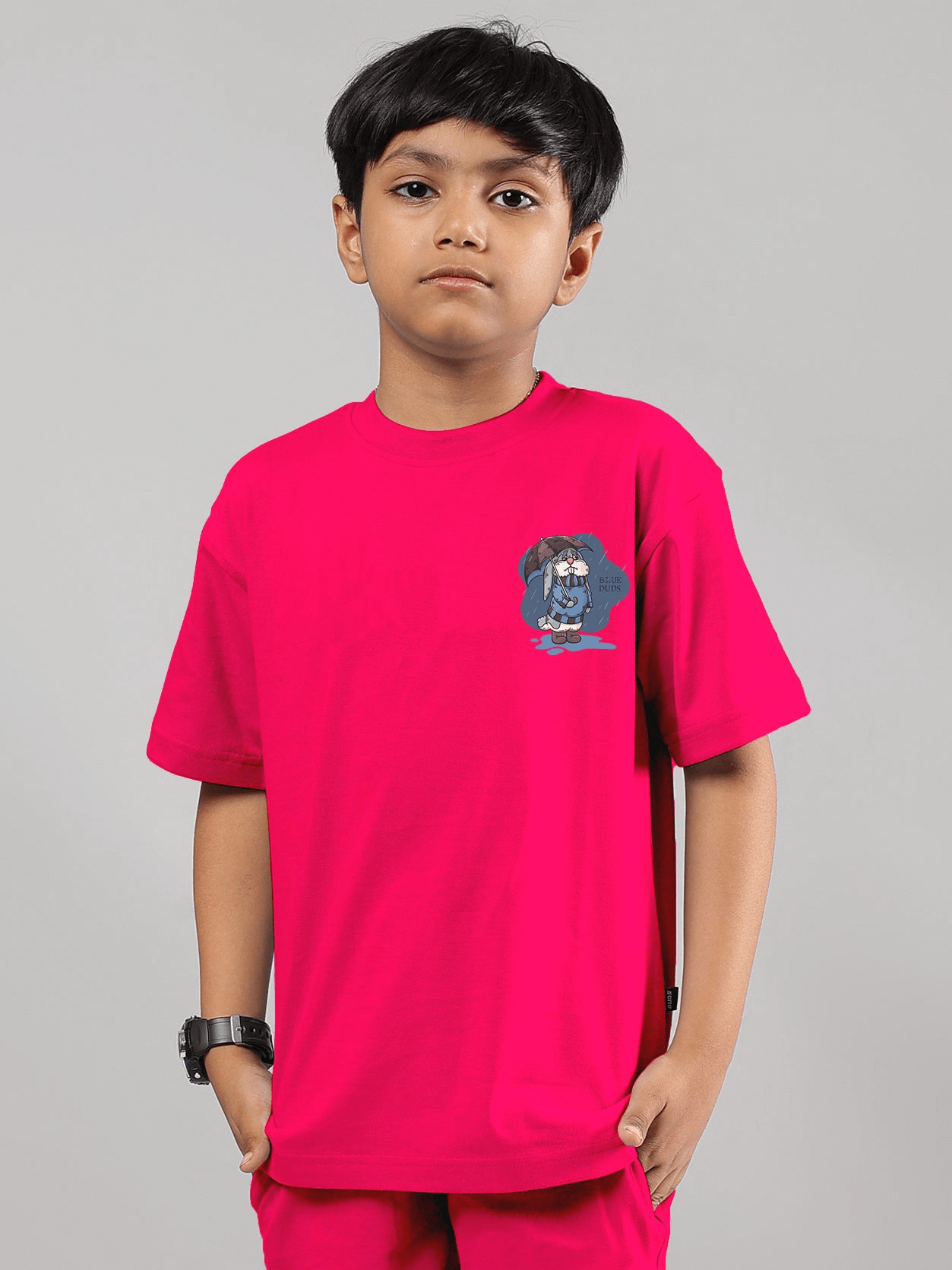 Child wearing pink BLUE LAPIN T-shirt with cute bunny graphic, made from 100% cotton heavy-gauge fabric for comfort and durability.