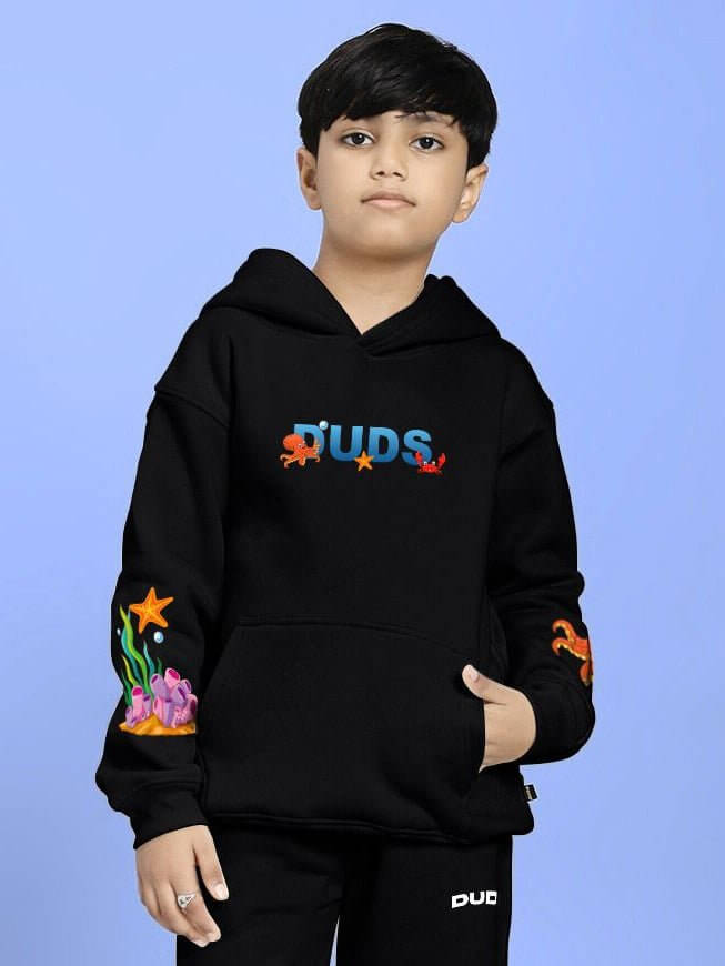 BLUE OCEAN WORLD FLEECE HOODIE FOR BOYS AND GIRLS BLACK - KIDS HOODIE