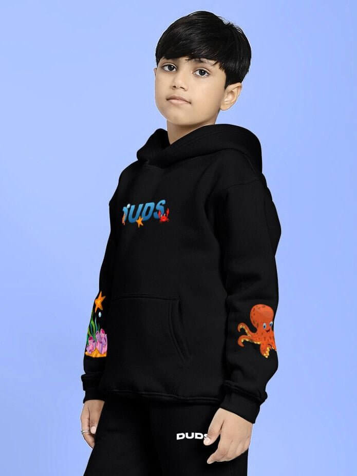 BLUE OCEAN WORLD FLEECE HOODIE FOR BOYS AND GIRLS BLACK - KIDS HOODIE