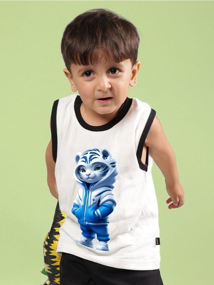 Child wearing off-white t-shirt with blue cat graphic, perfect for boys and girls, summer fashion, unisex design.
