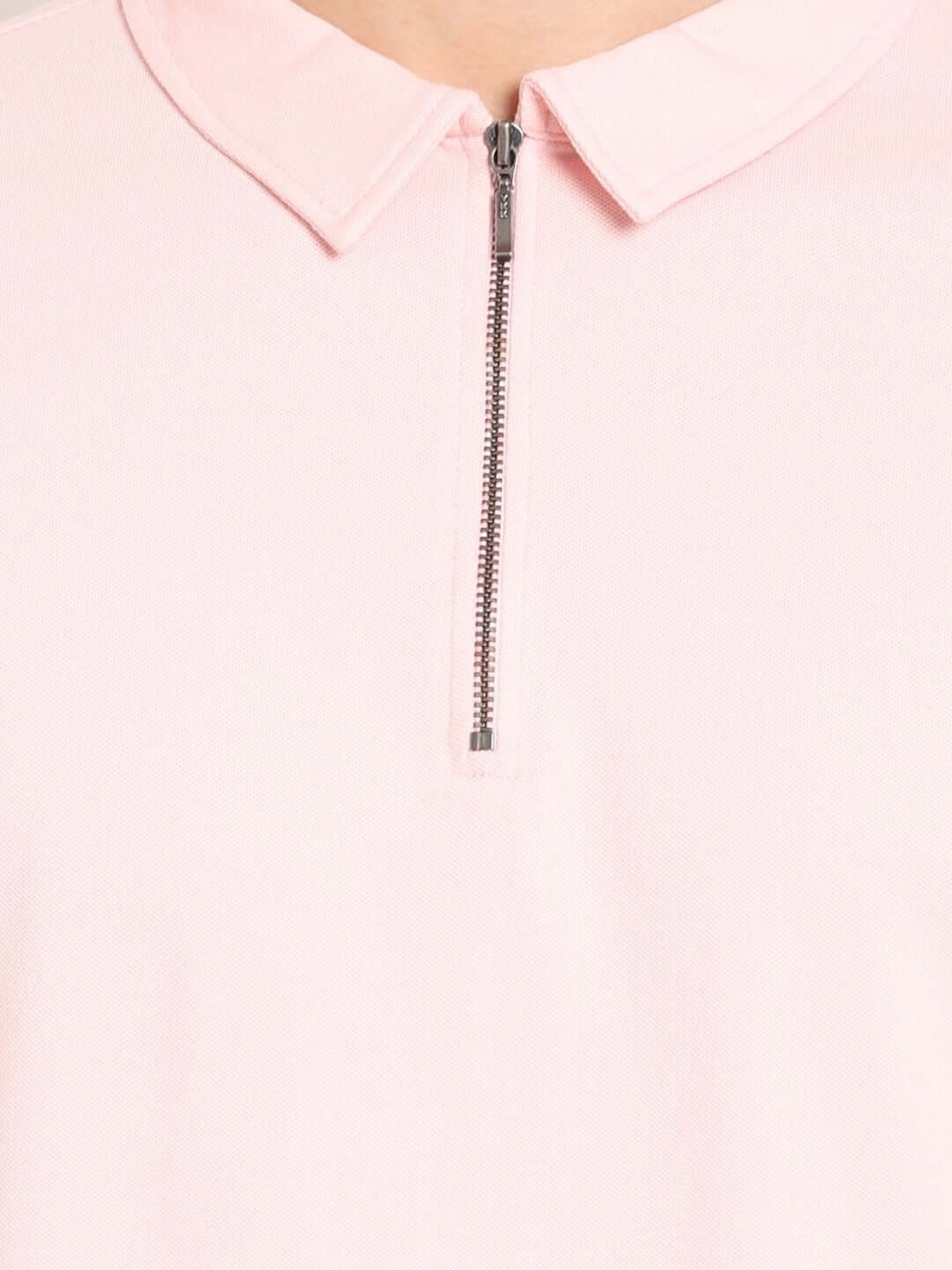 Blush Pink Zipper Polo Neck T-Shirt with Half Sleeves and Slim Fit