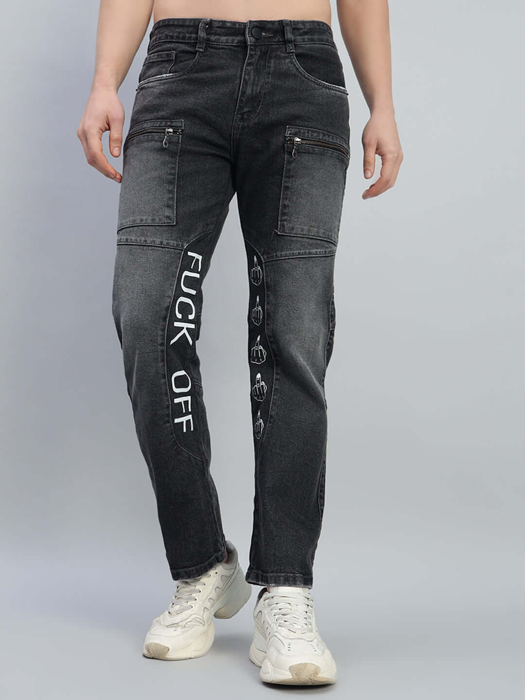 Black regular fit denim jeans with 'FUCK OFF' text on the leg, made to order by DUDS experienced tailors, customizable size available.