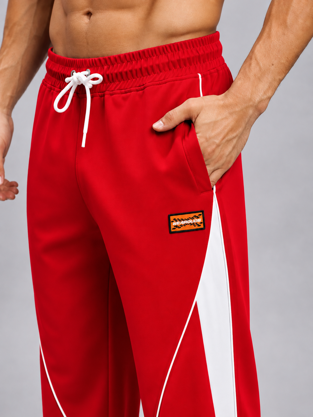 BOLD ELECTRIC RELAXED FIT JOGGERS RED WHITE with drawstring waist and side pocket detail