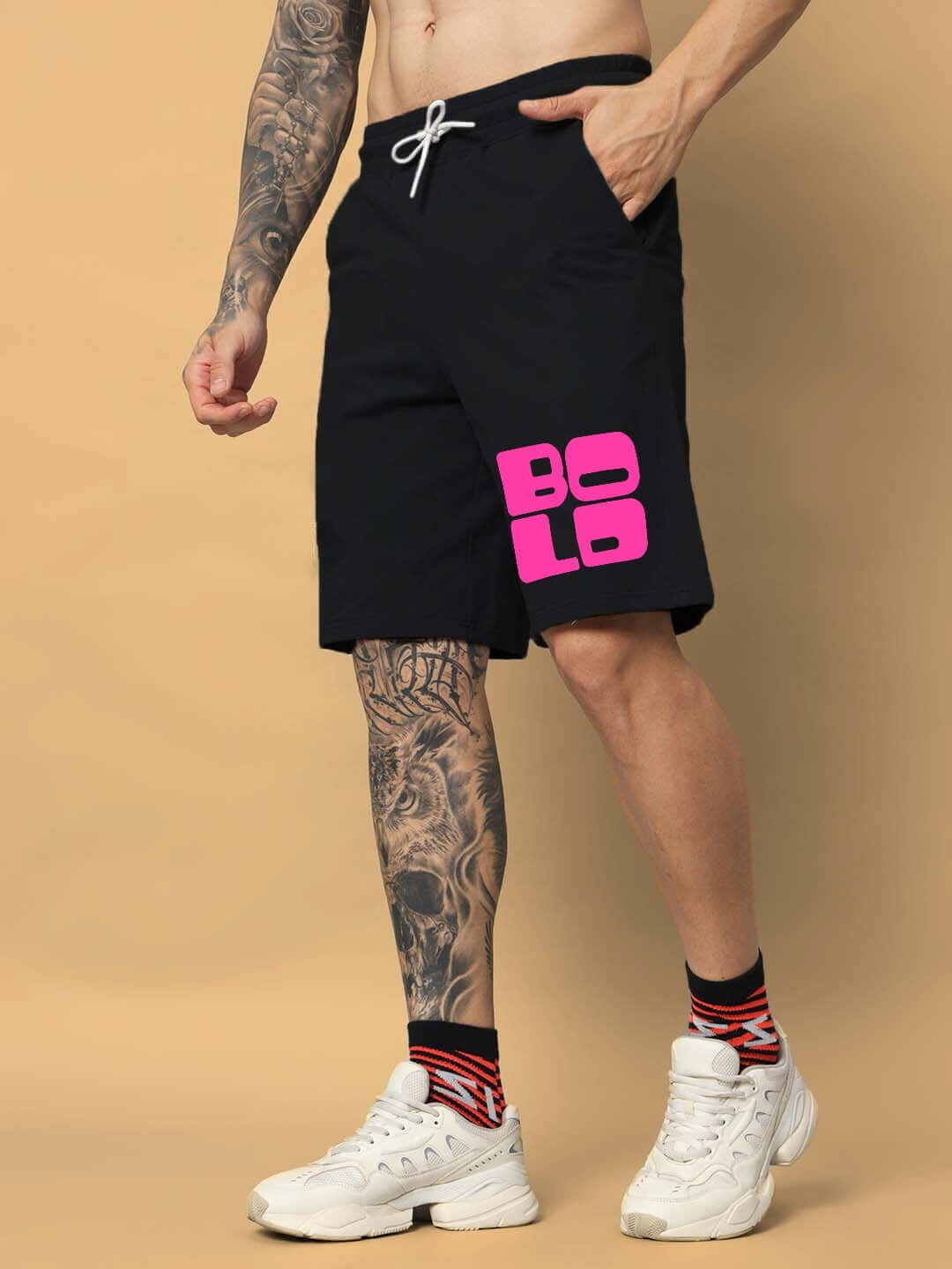 Black bold regular fit shorts with pink logo, perfect for customizable sizing and style.
