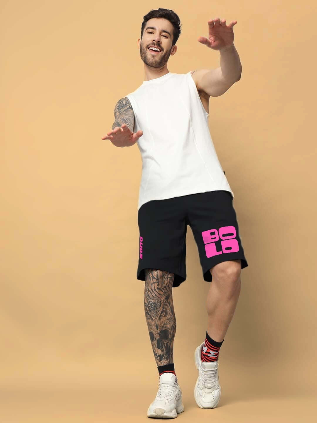 Model wearing Bold Regular Fit Black Shorts, featuring a vibrant design, perfect for casual wear and customizable for a perfect fit.