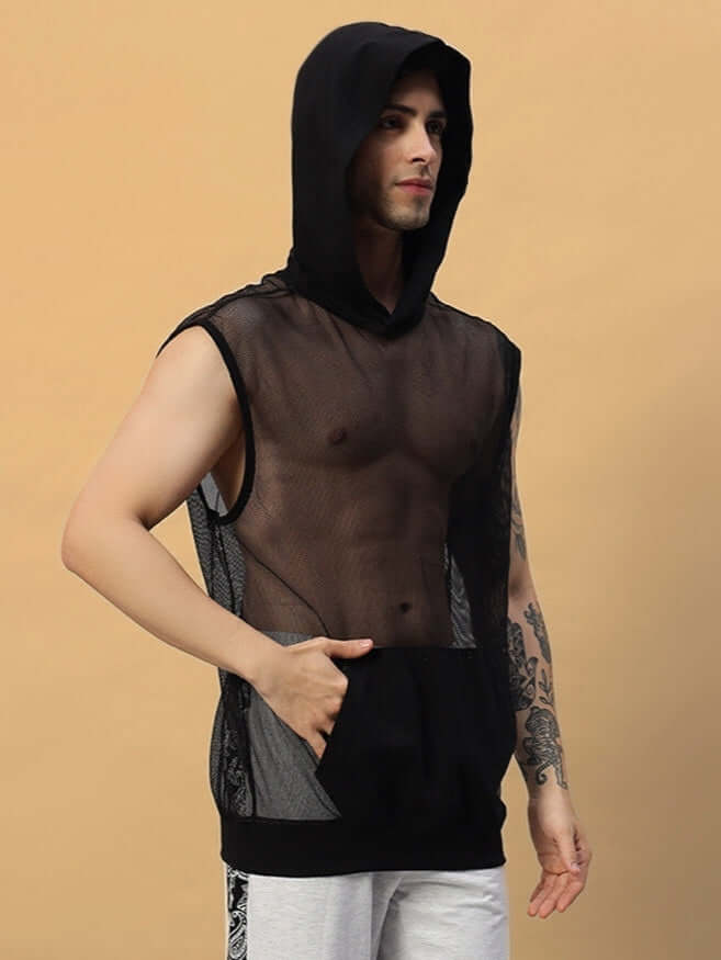 Man wearing black Boogie Mesh Sleeveless Hoodie Vest, showcasing unique design and custom fit options for a trendy look.