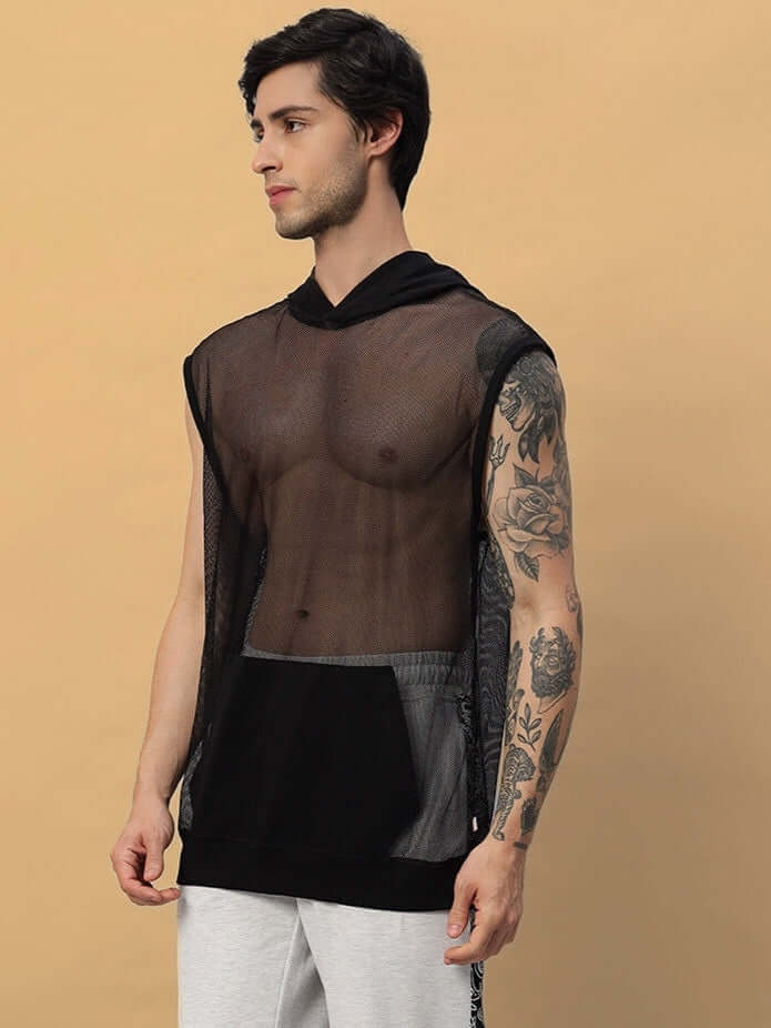 Model wearing black Boogie Mesh Sleeveless Hoodie Vest with tattooed arms, showcasing breathable fabric design.