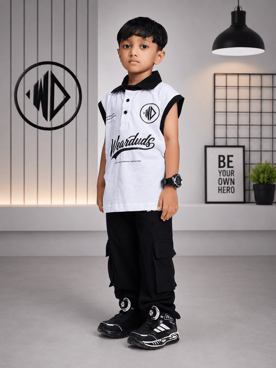EVERYDAY ADVENTURE CO-ORD FOR BOYS GIRLS WHITE BLACK outfit featuring a boy in stylish black and white attire.