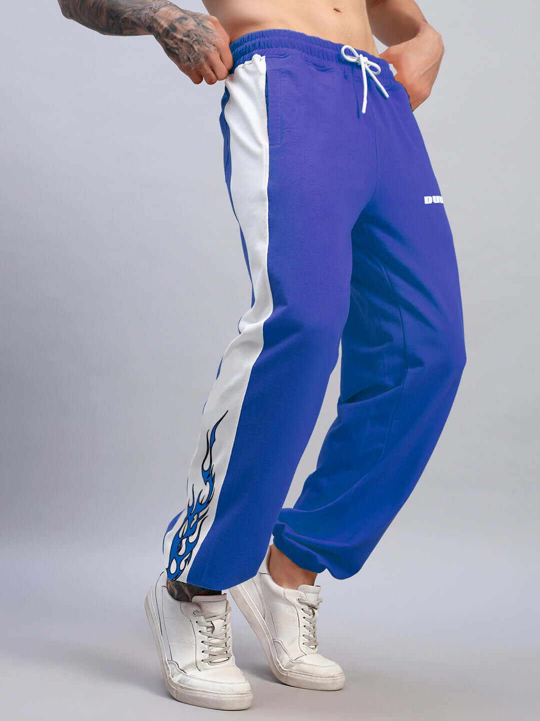 Bracer Relaxed Fit Joggers in Blue-White, featuring a stylish side stripe and ankle design, perfect for casual wear.