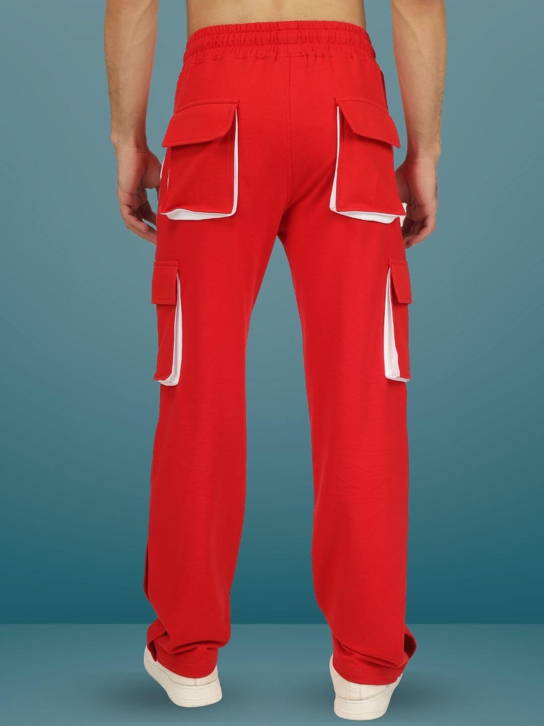 Red and white highlighter bracket cargo pants with multiple pockets, back view. Custom fit available. Made to order by DUDS.