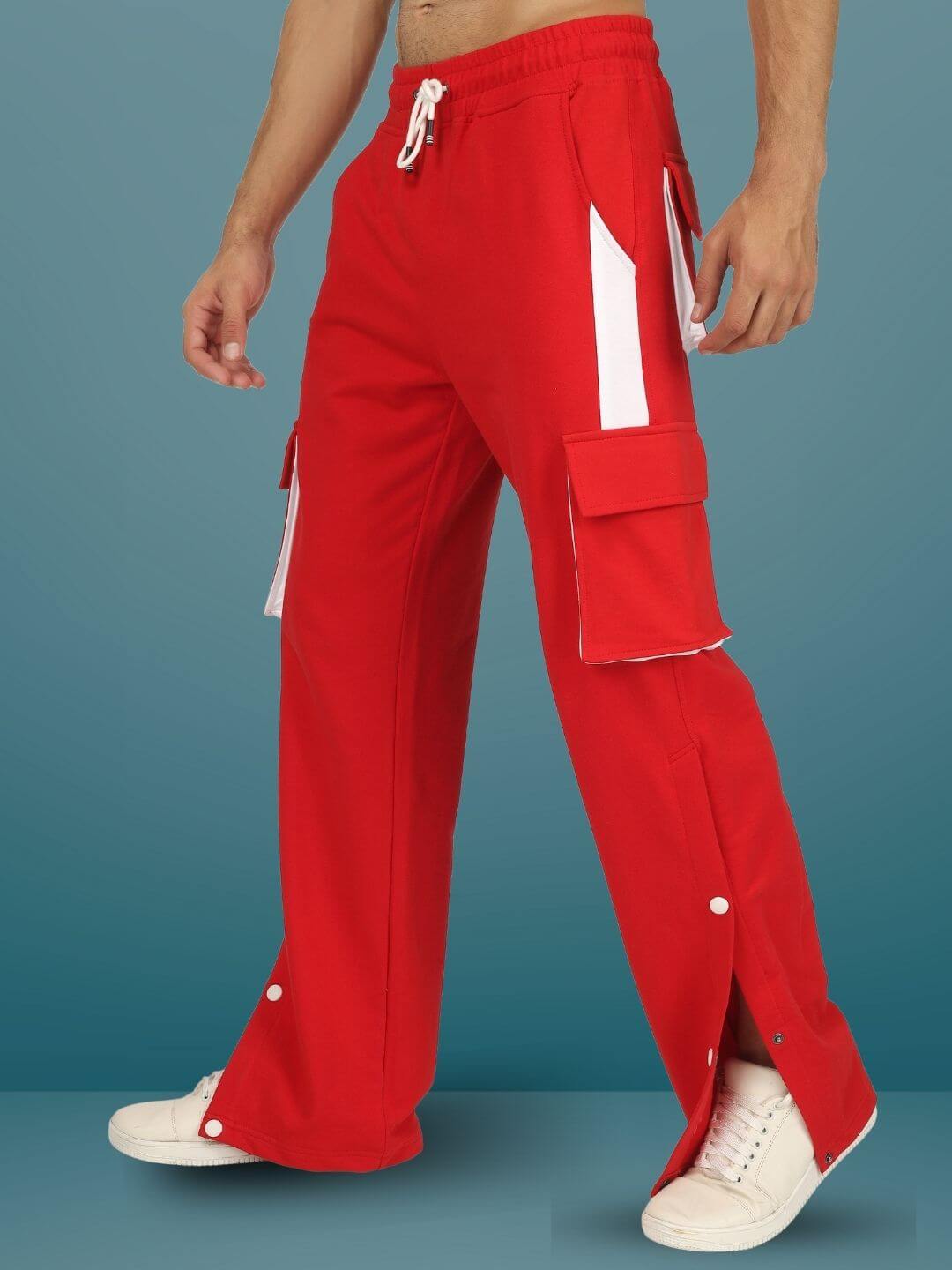 Red Bracket Cargo Pants with White Highlights, featuring multiple pockets, showcased against a blue background.