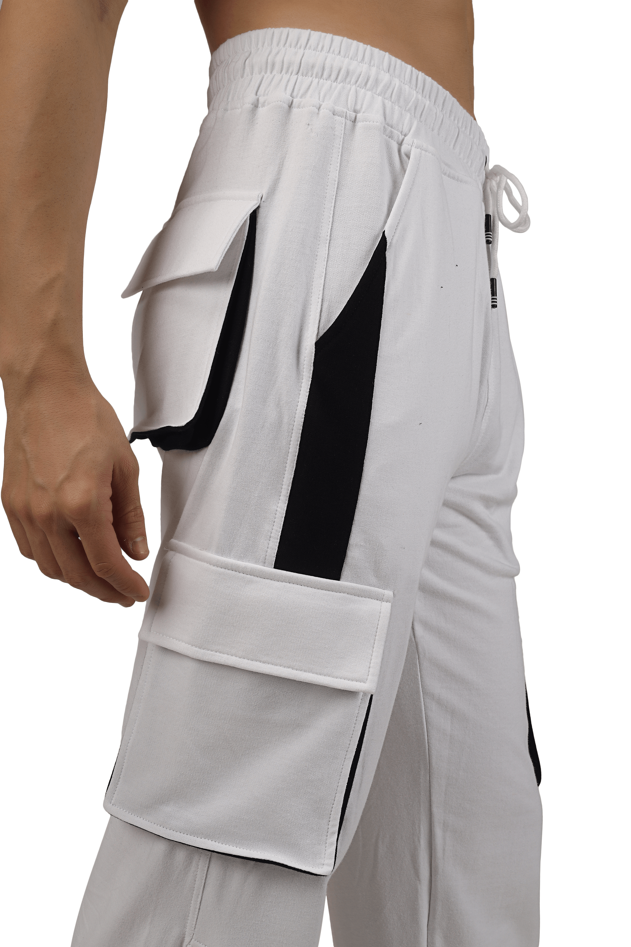 Model wearing white and black highlighter bracket cargo pants with side pockets, designed by DUDS.