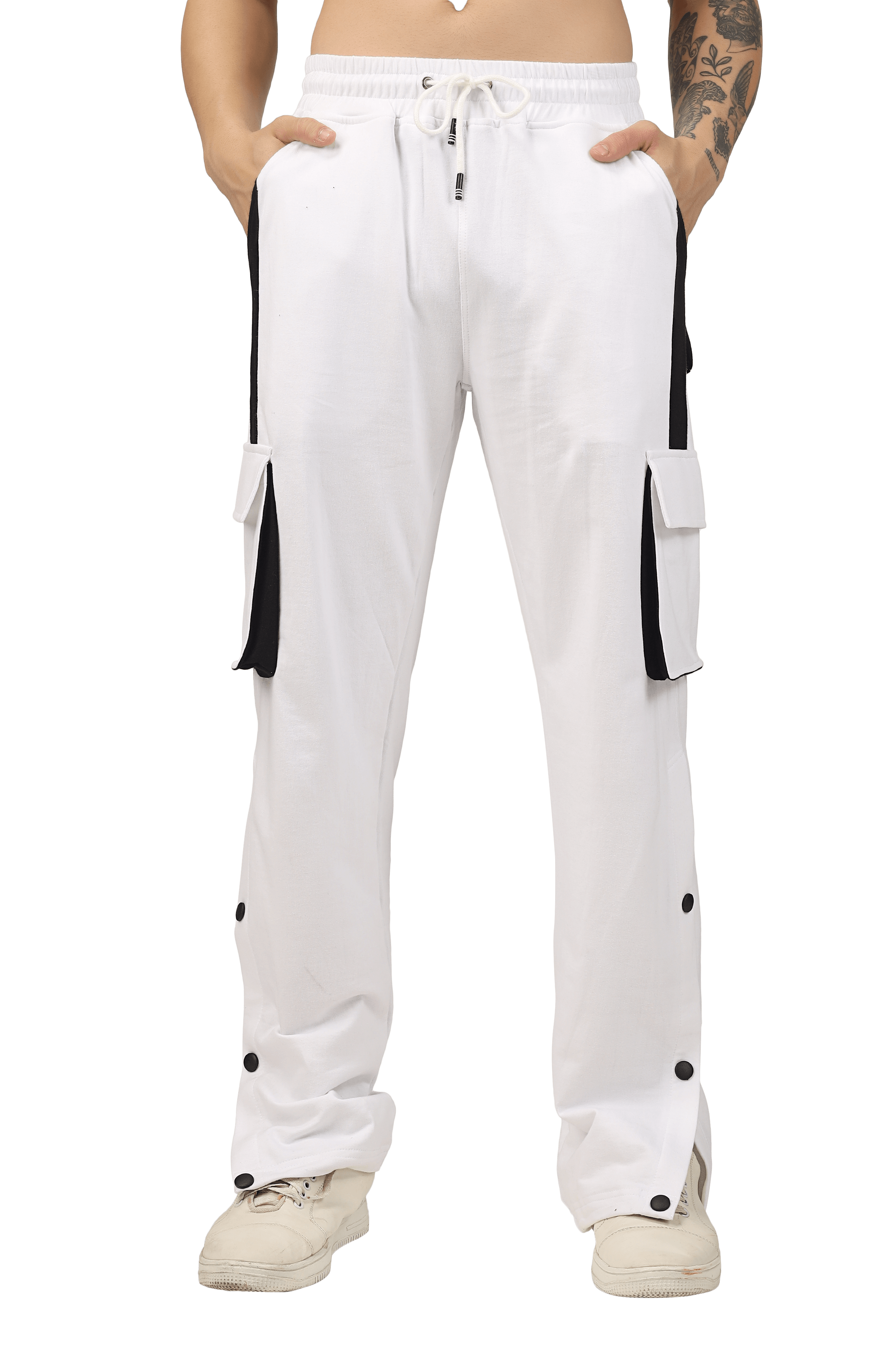 White and black highlighter bracket cargo pant with pockets, custom fit available.