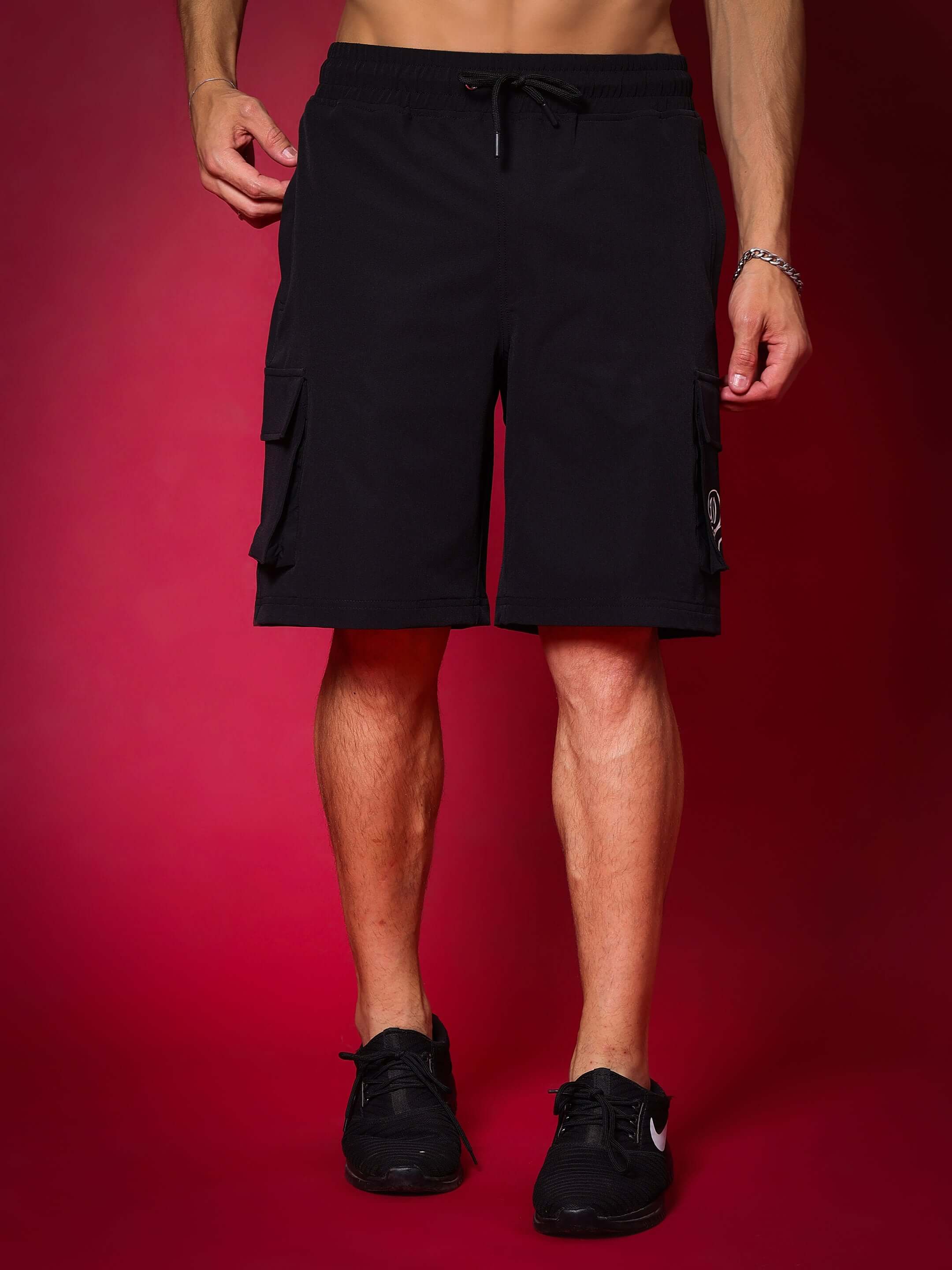 Black Brawny Cargo Shorts with custom fit option, ideal for casual wear and customized size, available for prepaid orders.