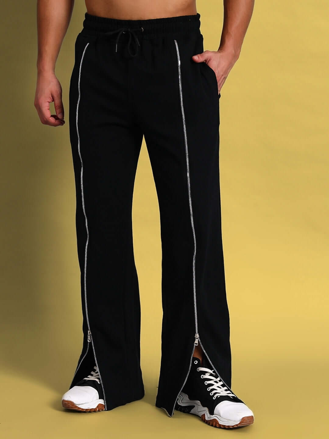 Black front open zipper joggers, designed with a custom fit option, tailored by DUDS, showcasing style and comfort.