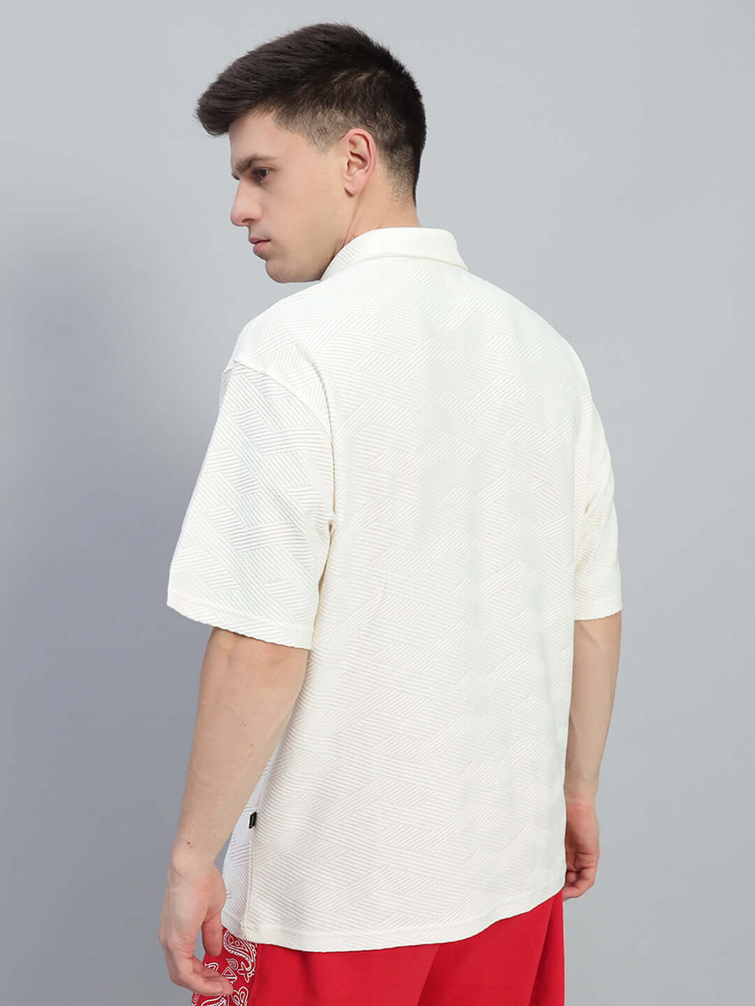Back view of BROCADE POLO COTTON T-SHIRT OFF WHITE on a model