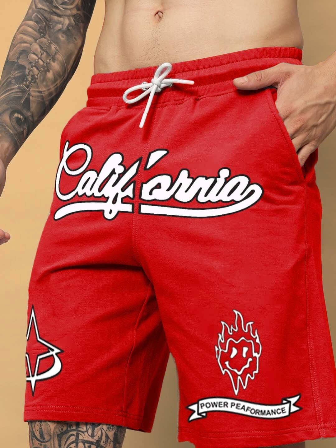 Red California Regular Fit Shorts with custom fit option, featuring bold graphics and drawstring, ideal for fashion-forward comfort.