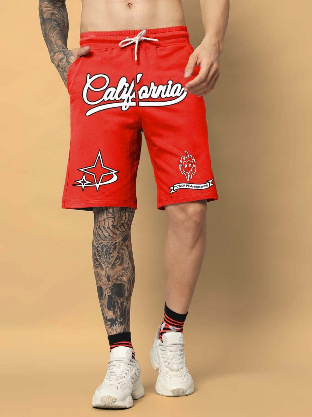 Model wearing California Regular Fit Red Shorts with logo prints, showcasing casual style and comfort, perfect for a custom fit.