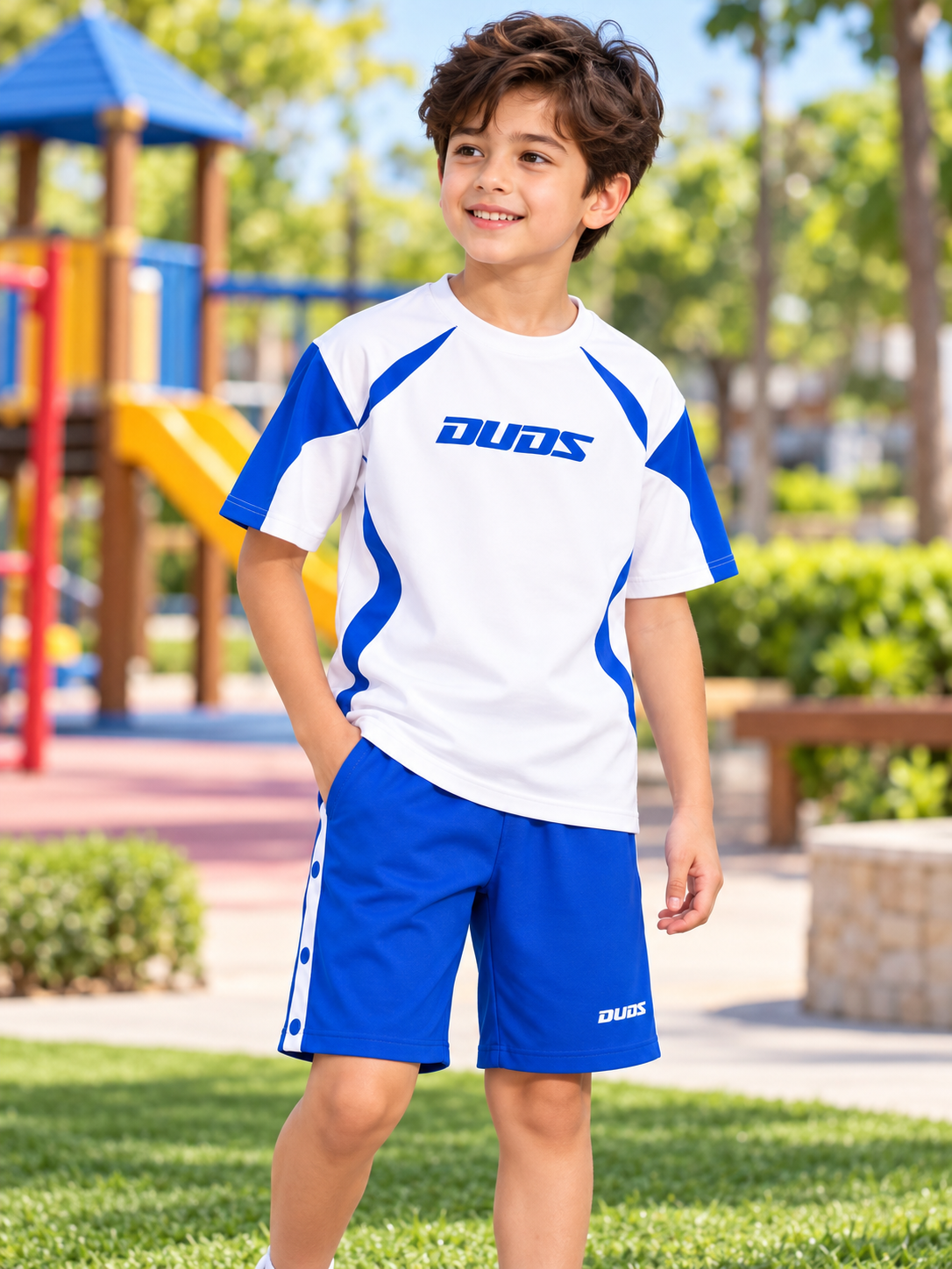 CANDOR OVER-SIZED T-SHIRT FOR BOYS GIRLS WHITE BLUE worn by smiling boy outdoors at playground