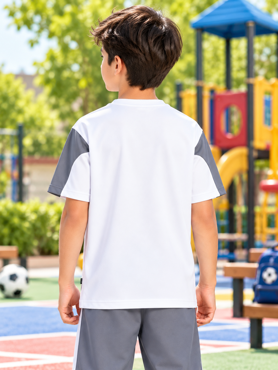 CANDOR OVER-SIZED T-SHIRT FOR BOYS GIRLS WHITE GREY worn by boy at playground, back view showing comfortable fit