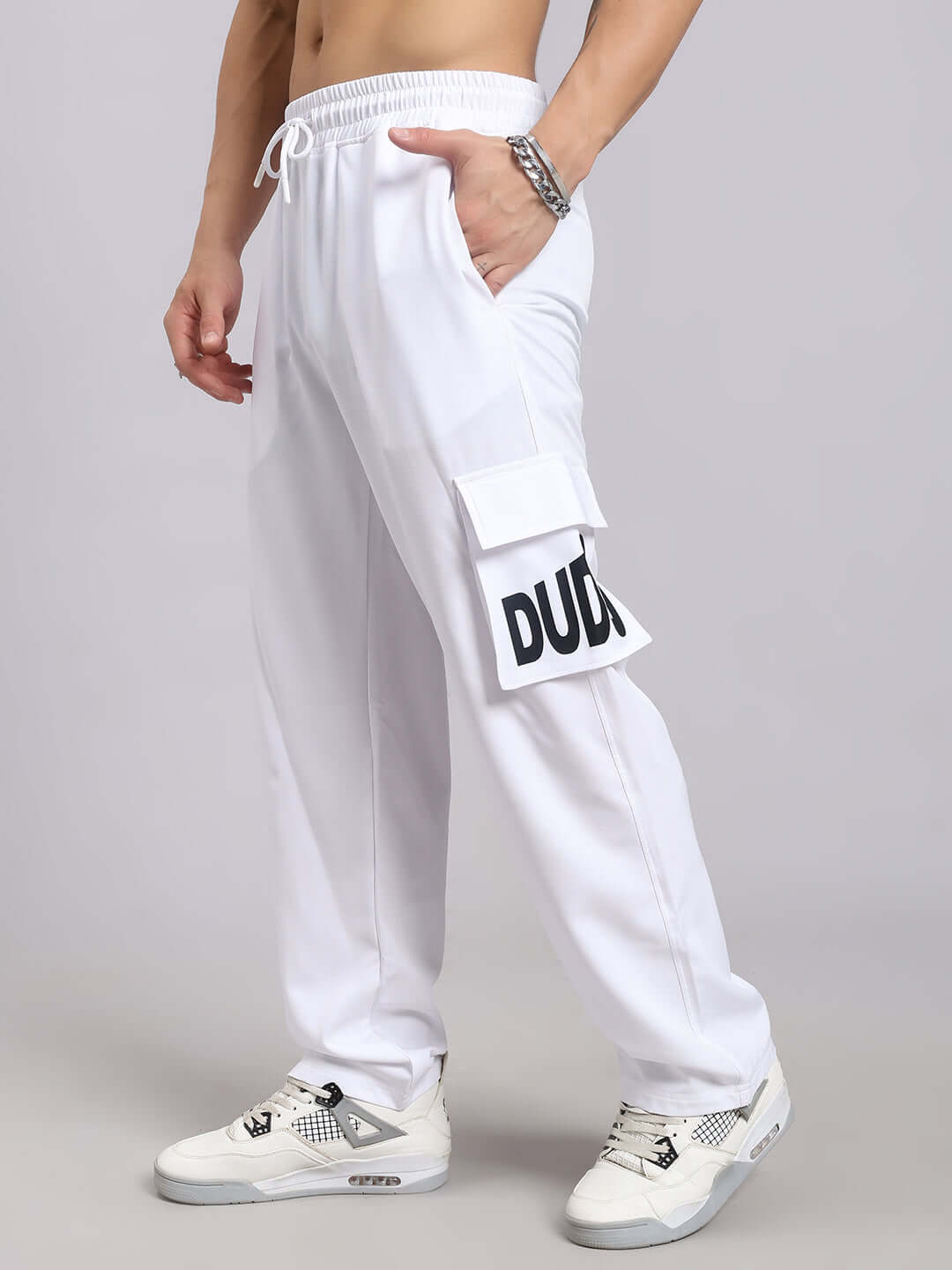Carmine Relaxed Fit Jogger in white with side pocket detail, tailored by DUDS with custom fit option available.
