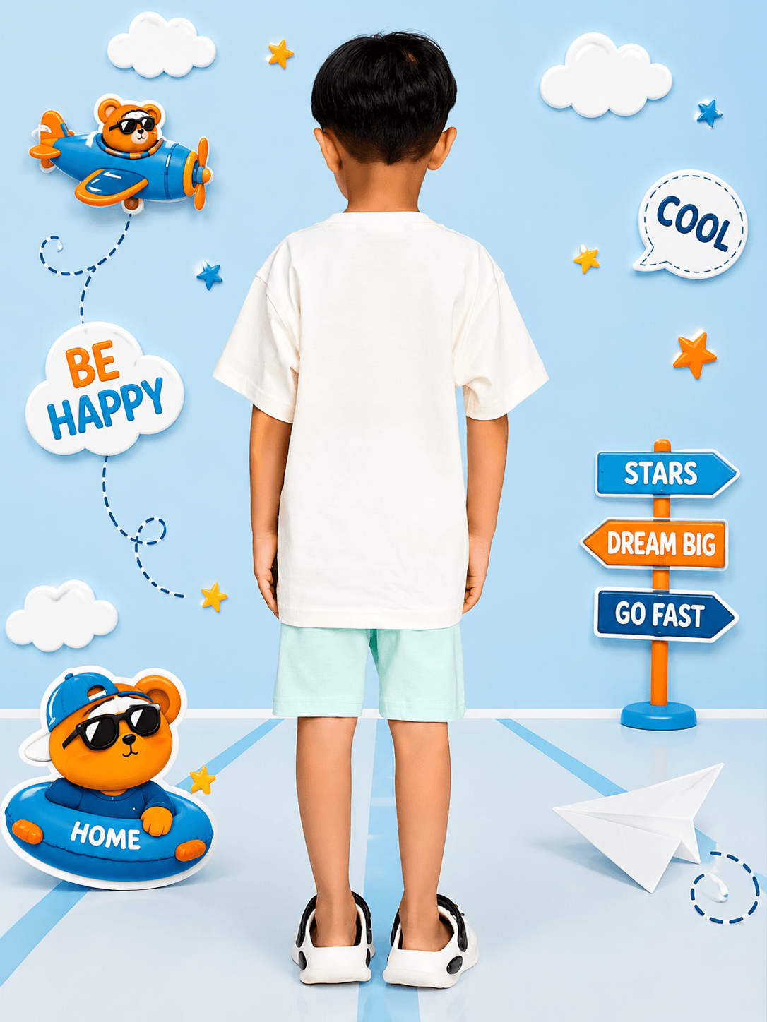 CARTOON BEAR CO-ORD SET FOR BOYS AND GIRLS WHITE MINT GREEN on a child in a playful setting.