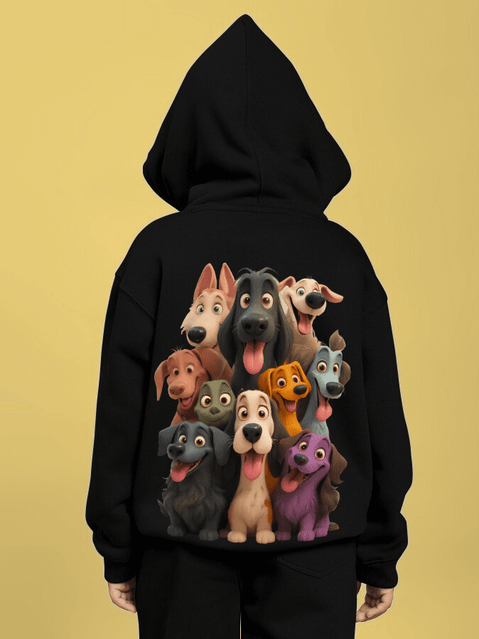 Child wearing CHARMING CARTOON DOGS FLEECE HOODIE FOR BOYS AND GIRLS BLACK featuring cartoon dogs on back