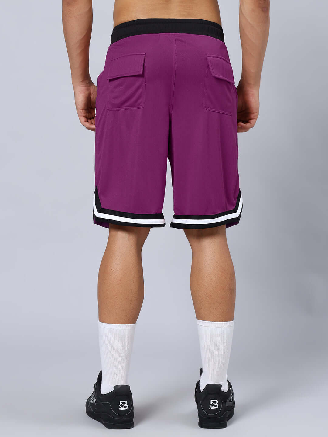 Back view of CHASING BLESS PRINTED GYM CO-ORD SET PURPLE shorts, featuring black and white trim with a comfortable fit.