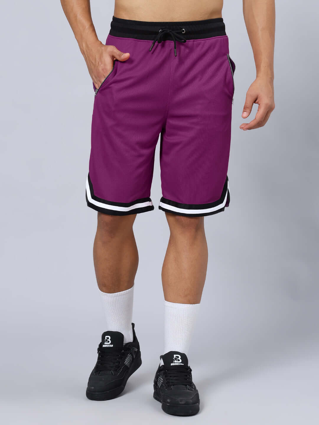 CHASING BLESS PRINTED GYM CO-ORD SET PURPLE shorts for men, featuring sports polyester fabric and stylish design.