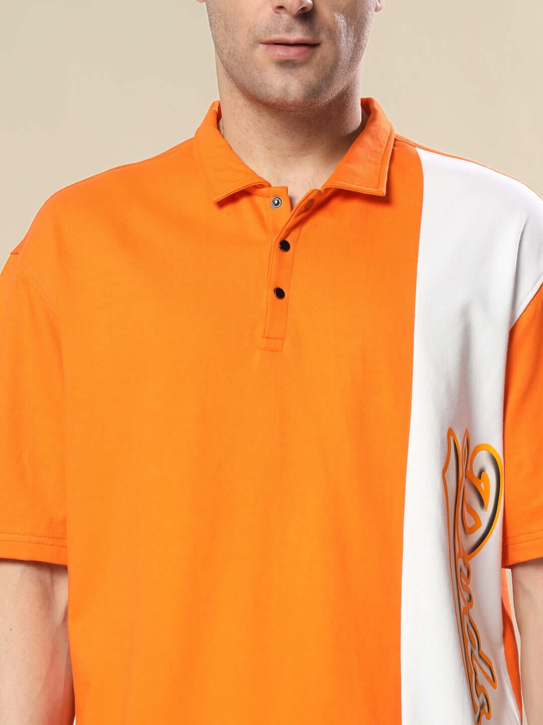 Cheugy oversized polo t-shirt in orange and white, featuring premium cotton blend fabric and stylish graphic design.