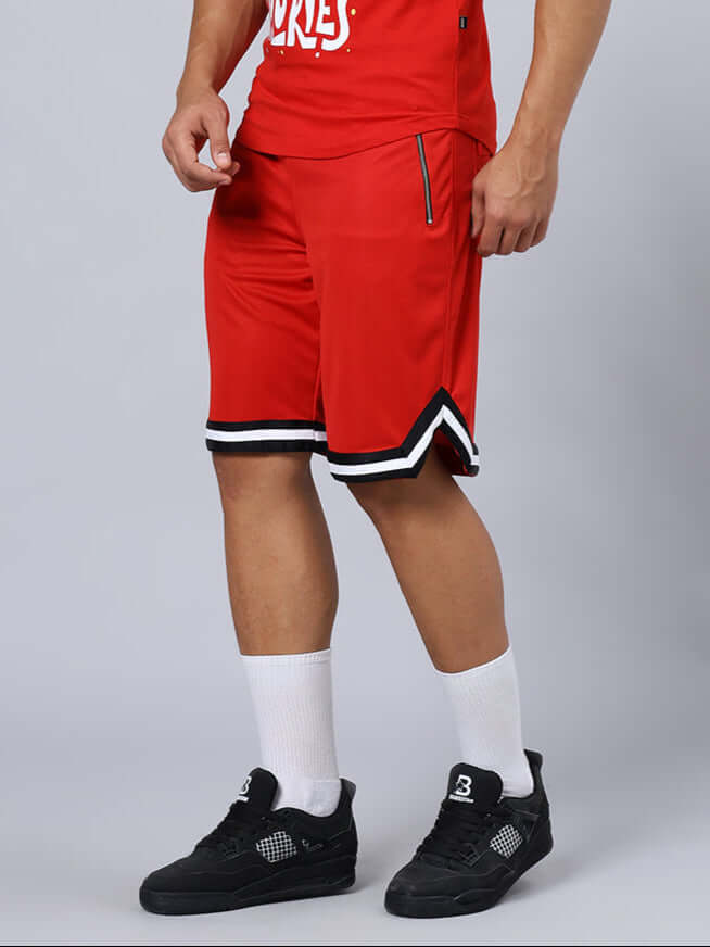 Model wearing Chronic Regular Fit Red Shorts with black and white trim, showcasing style and comfort. Available in custom sizes.