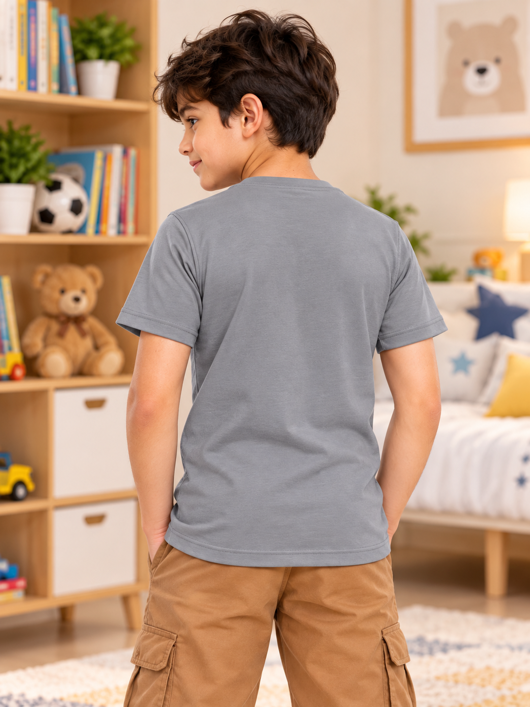 Kids Grey Classic Slim Fit T-Shirt worn by boy in cozy bedroom, back view, by WEARDUDS
