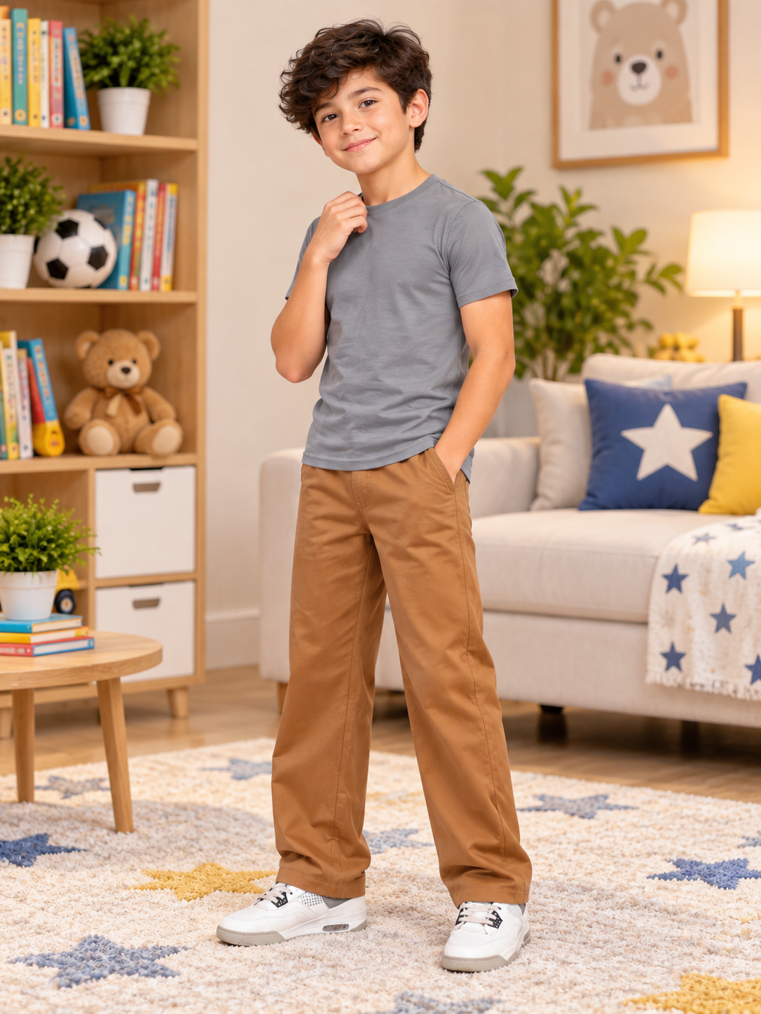 Kids Grey Classic Slim Fit T-Shirt by WEARDUDS styled with tan pants in a cozy living room setting