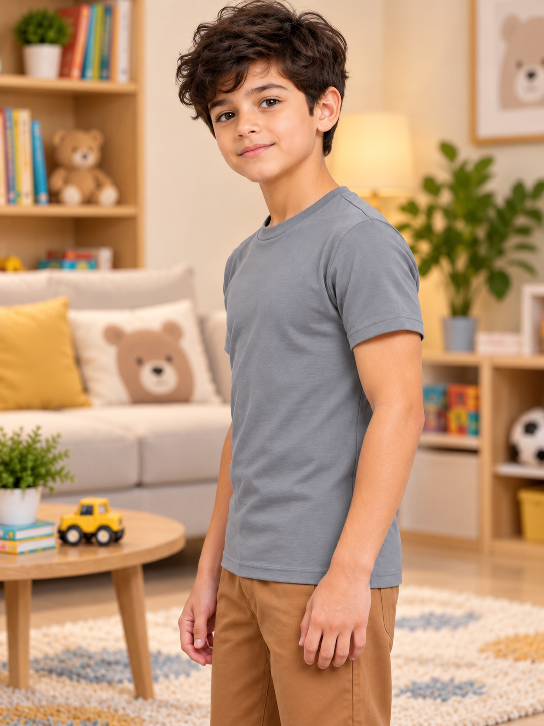 Kids Grey Classic Slim Fit T-Shirt worn by boy in cozy living room with bear decor