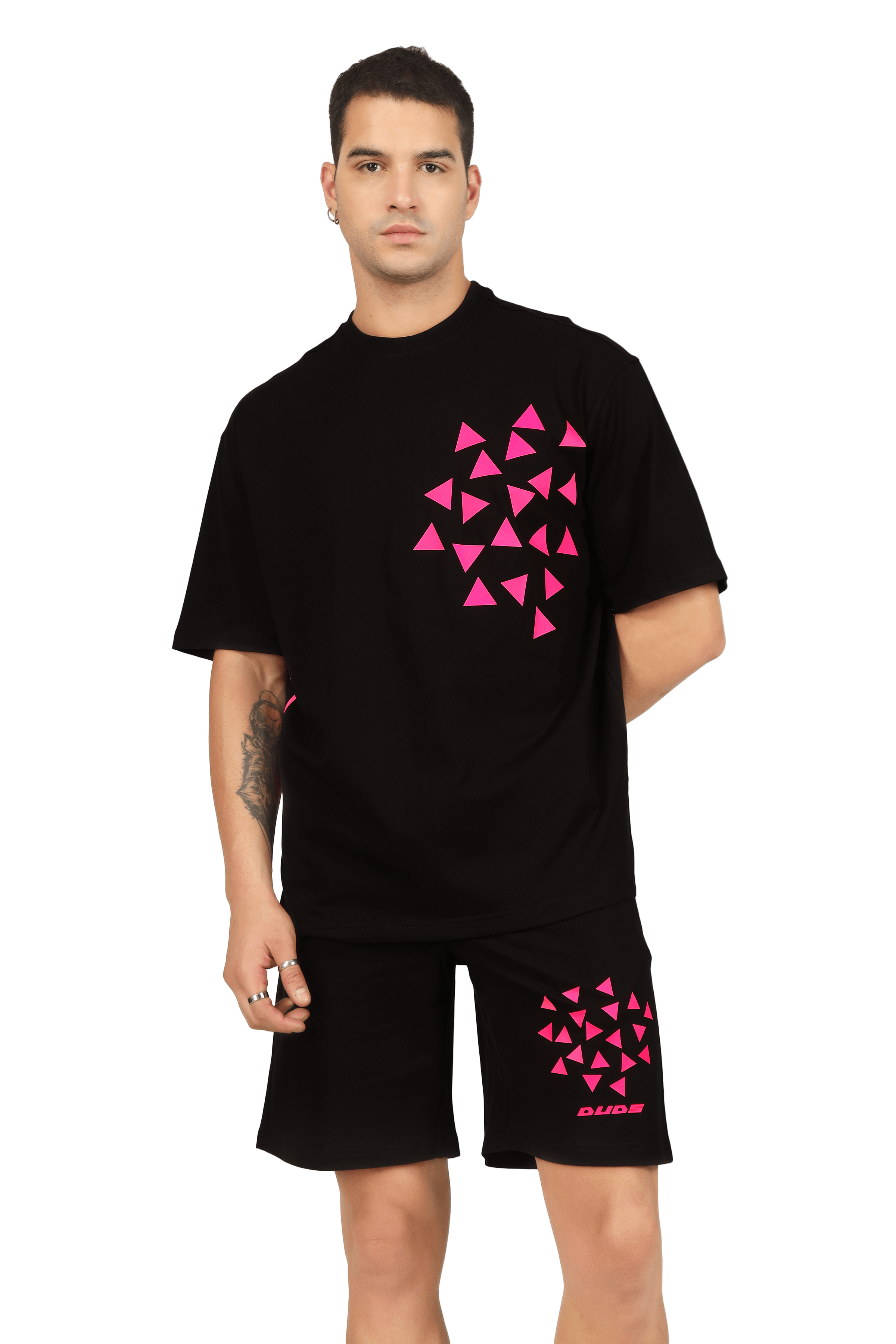 Men's black CO-ORD set with pink star dust print, featuring a custom fit option by DUDS.