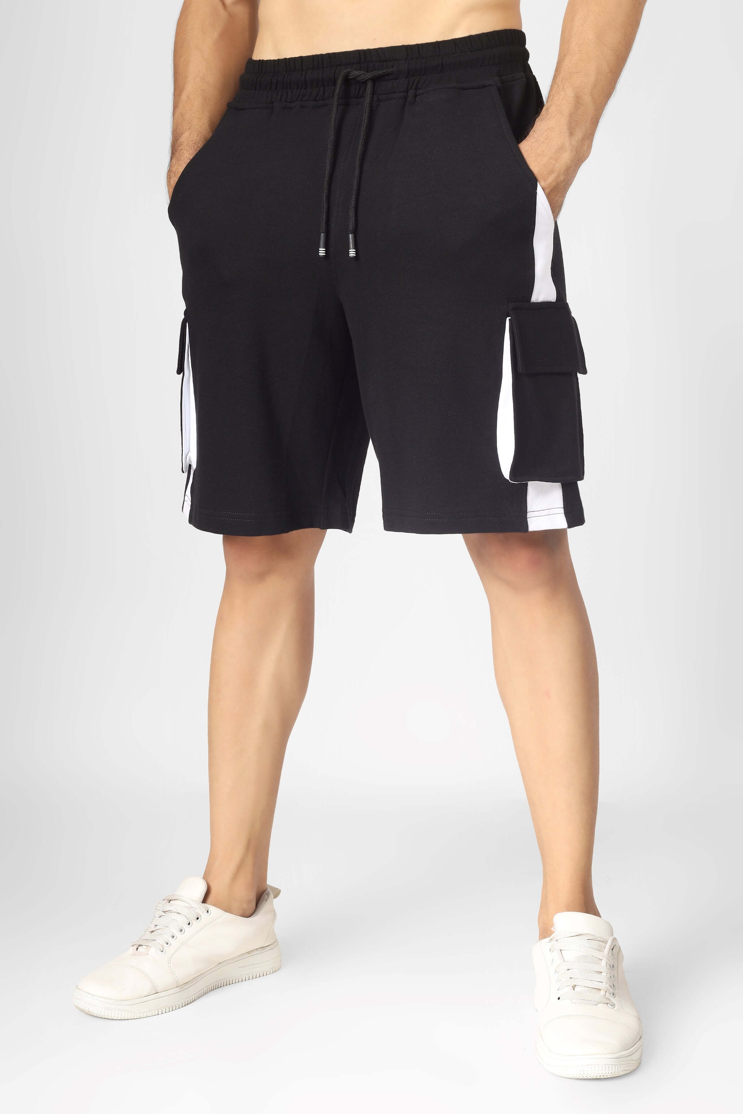 Men's contra regular fit cargo shorts in black and white, featuring multiple pockets for style and functionality.