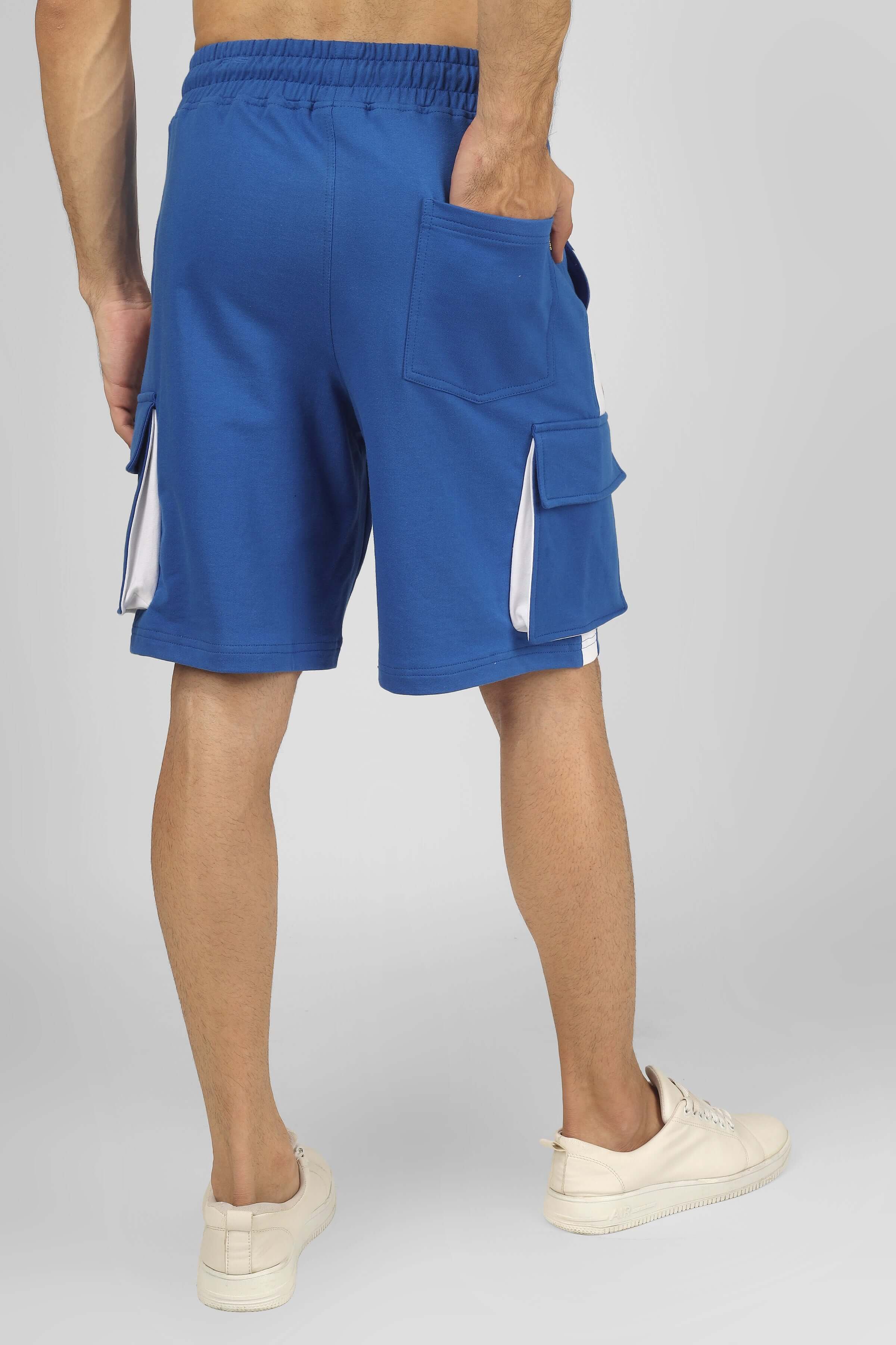 Rear view of Contra Regular Fit Cargo Shorts in royal blue and white, featuring side pockets and comfortable fit.