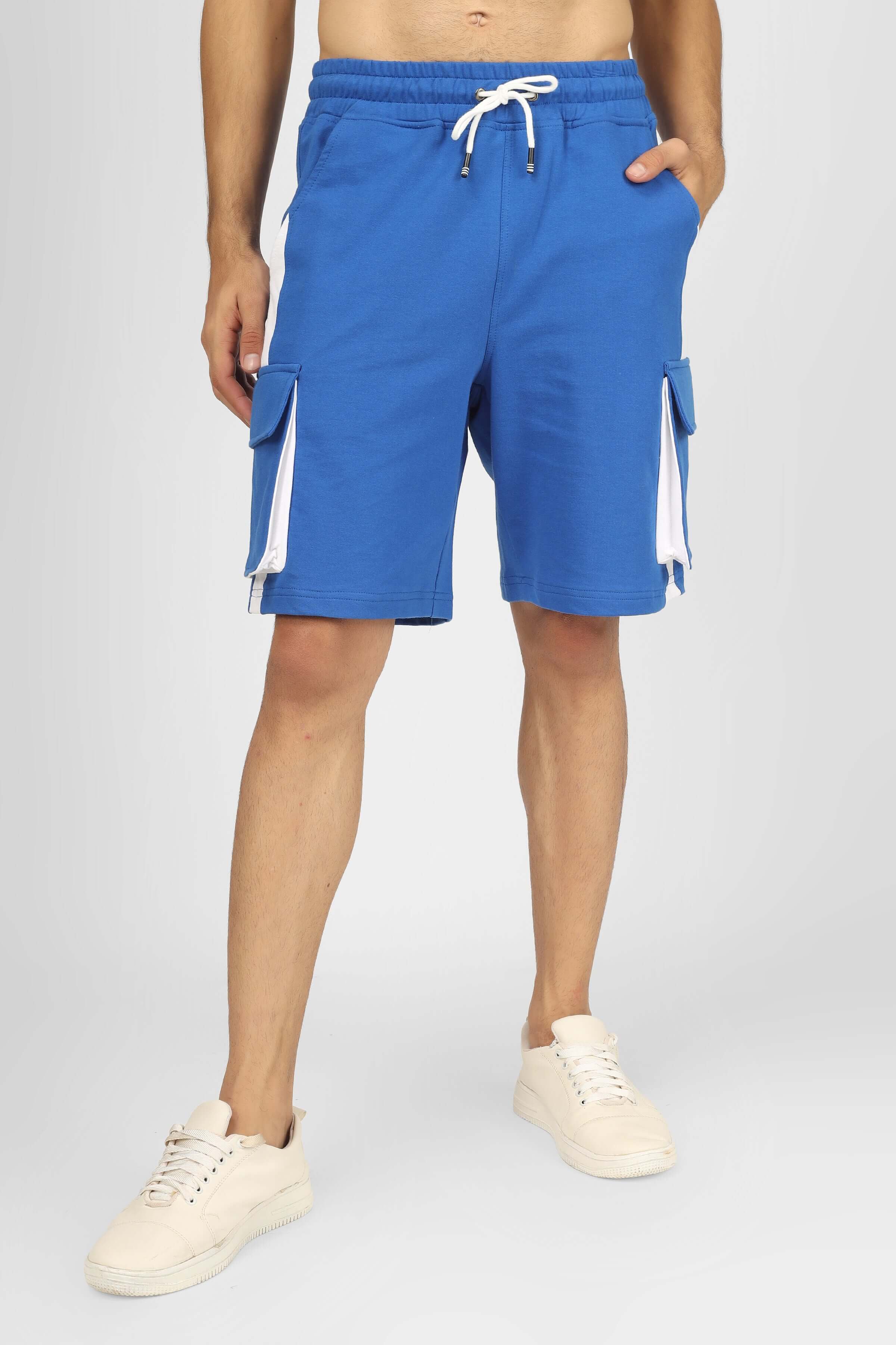 Men's royal blue cargo shorts with white accents, featuring adjustable waistband and side pockets for a trendy casual look.