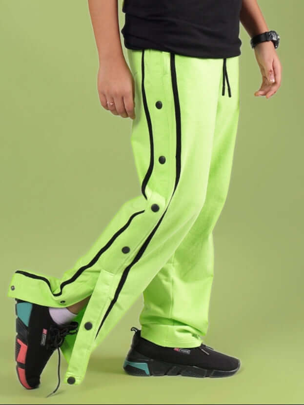 Contrast Panel Jogger for Boys & Girls Neon Green with customizable fit options, showcasing stylish neon design and black detailing.