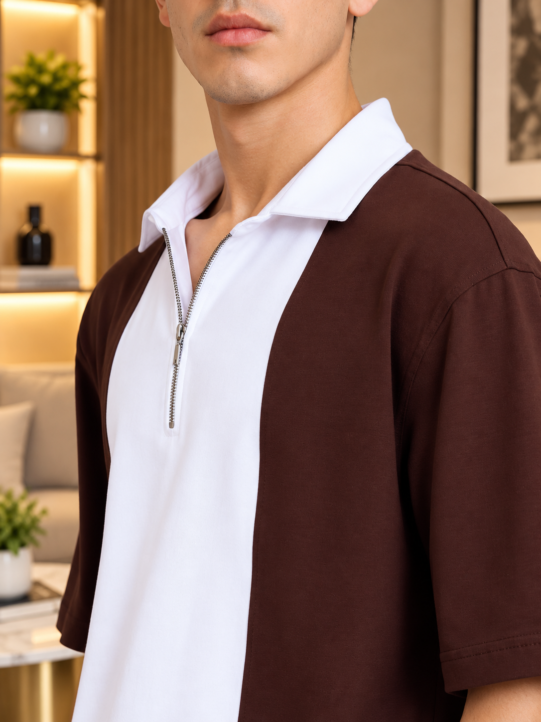 CONTRAST POLO OVERSIZED ZIPPER T-SHIRT BROWN WHITE