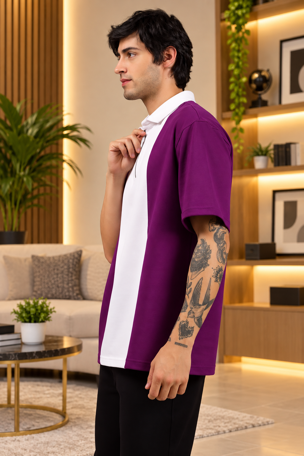 CONTRAST POLO OVERSIZED ZIPPER T-SHIRT PURPLE WHITE - Wearduds, view 4