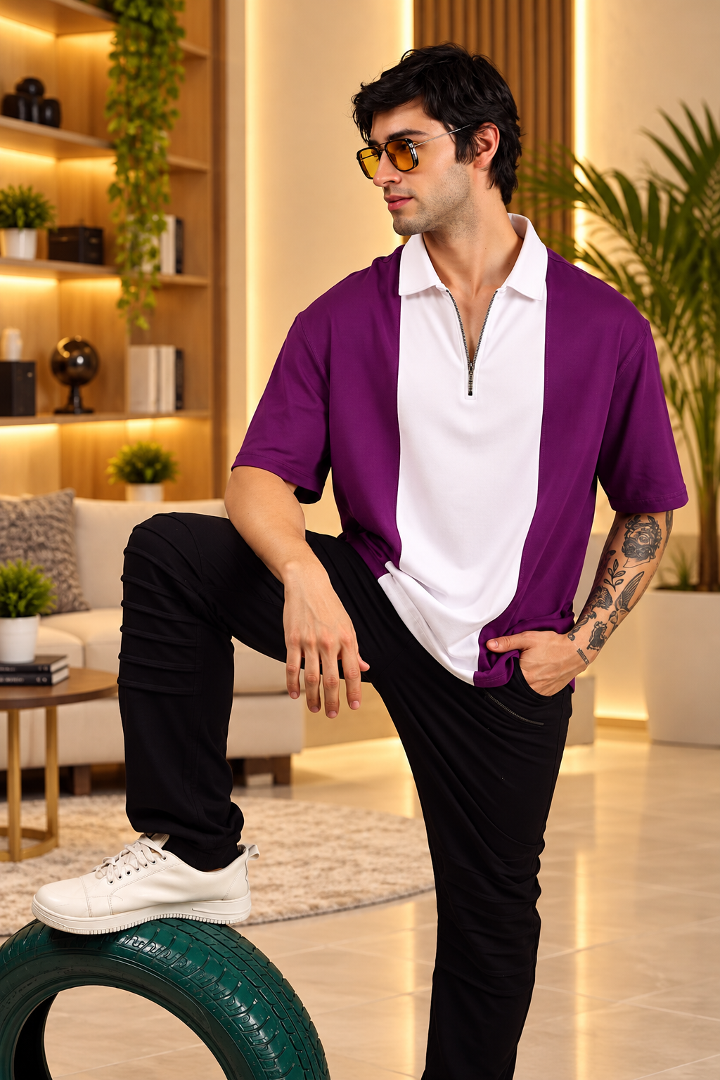 CONTRAST POLO OVERSIZED ZIPPER T-SHIRT PURPLE WHITE - Wearduds, view 5