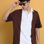 CONTRAST POLO OVERSIZED ZIPPER T-SHIRT BROWN-WHITE