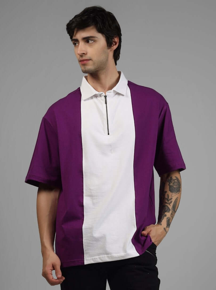 Model wearing contrast polo oversized zipper t-shirt in purple-white, featuring half sleeves and metal zipper, 100% cotton fabric.