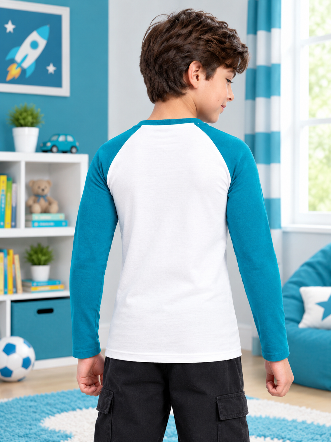 ROUND NECK SLIM FIT T-SHIRT FOR BOYS GIRLS WHITE TEAL BLUE - back view styled for kids