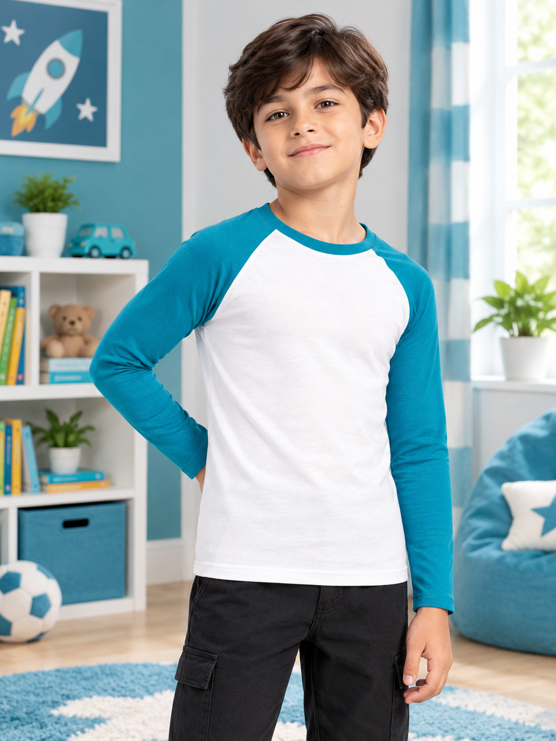ROUND NECK SLIM FIT T-SHIRT FOR BOYS GIRLS WHITE TEAL BLUE worn by smiling boy in kids bedroom