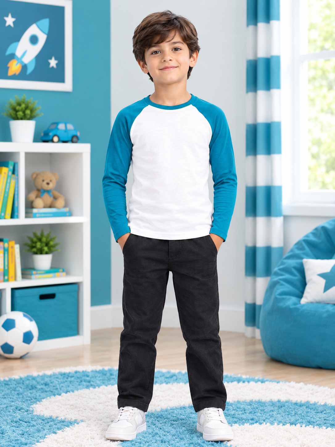ROUND NECK SLIM FIT T-SHIRT FOR BOYS GIRLS WHITE TEAL BLUE worn by boy in kids bedroom with black pants