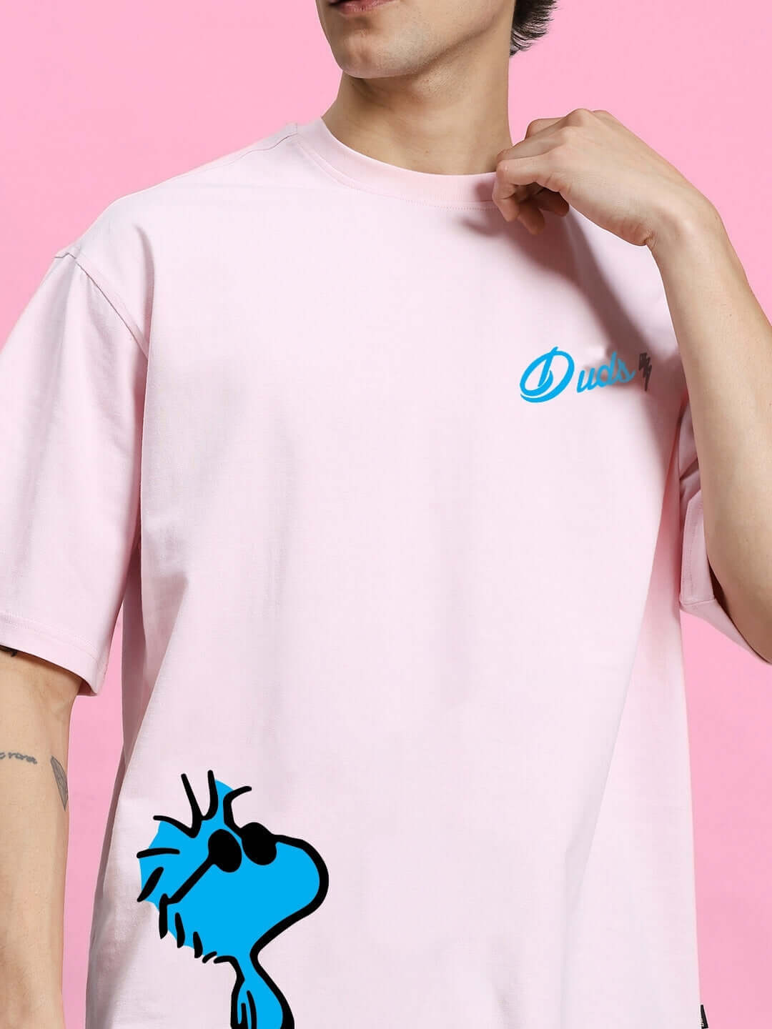 Close-up view of COOL PALS SUMMER CO-ORD SET PINK BLACK t-shirt with graphic design