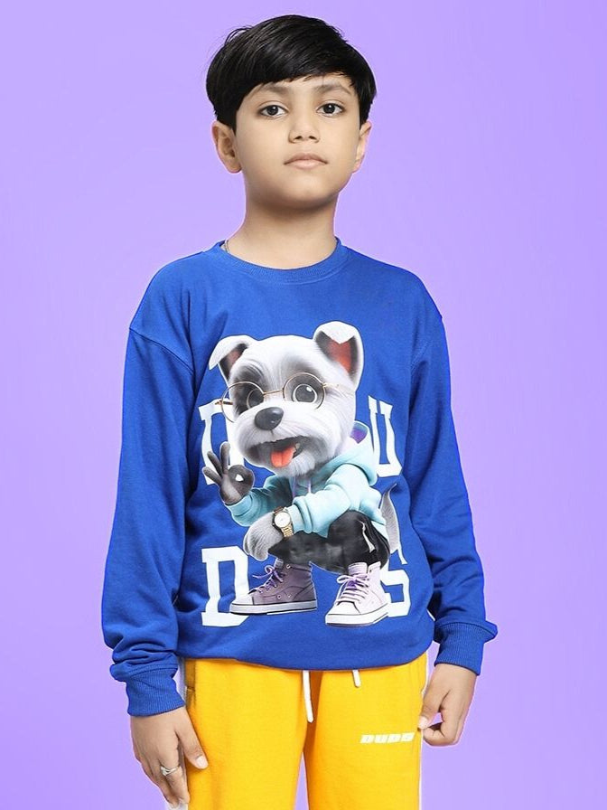 Child wearing COOL PUP SWEATSHIRT FOR BOYS AND GIRLS ROYAL BLUE with playful puppy graphic, featuring vibrant royal blue color.