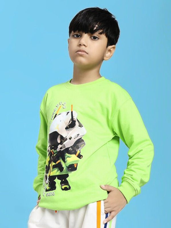 Young boy wearing MINI ROBOTICS SWEATSHIRT FOR BOYS AND GIRLS NEON GREEN with futuristic design, standing confidently against blue background.